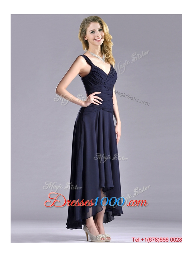 Beautiful Straps Black Chiffon Mother of Bride Dress with High Low