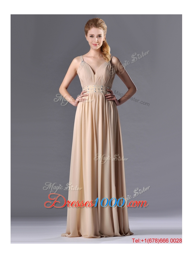 Champagne Empire Straps Beaded Chiffon Mother of Bride Dress for Graduation