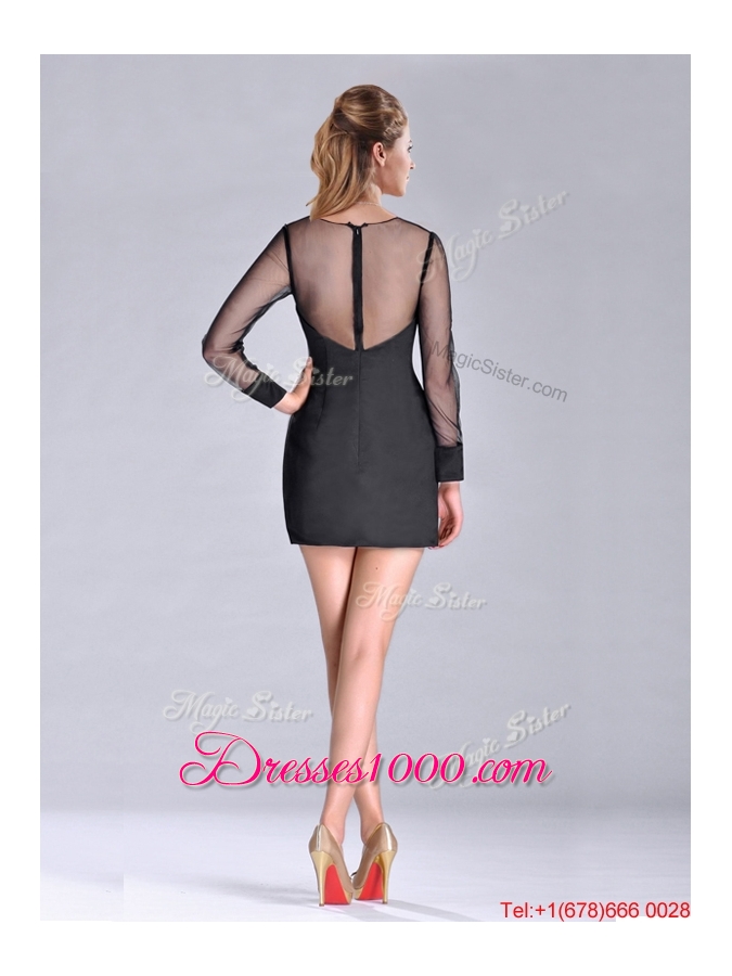 Cheap See Through Column Bateau Black Mother of Bride Dress with Long Sleeves