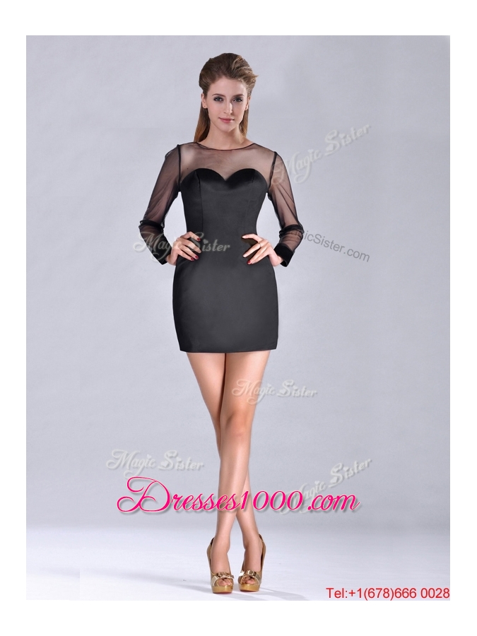 Cheap See Through Column Bateau Black Mother of Bride Dress with Long Sleeves