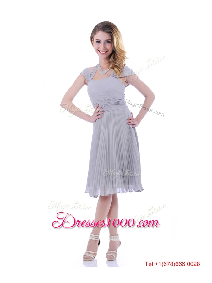 Elegant Cap Sleeves Tea Length Grey Mother of Bride Dress with Pleats