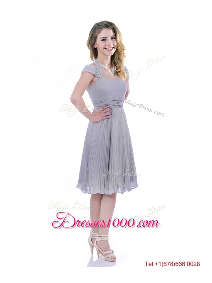 Elegant Cap Sleeves Tea Length Grey Mother of Bride Dress with Pleats