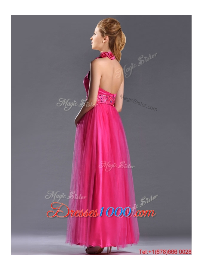 Exclusive Hot Pink Mother of Bride Dress with Handcrafted Flowers Decorated Halter Top