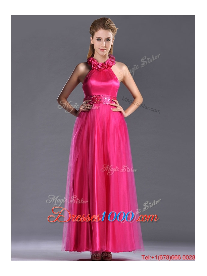 Exclusive Hot Pink Mother of Bride Dress with Handcrafted Flowers Decorated Halter Top