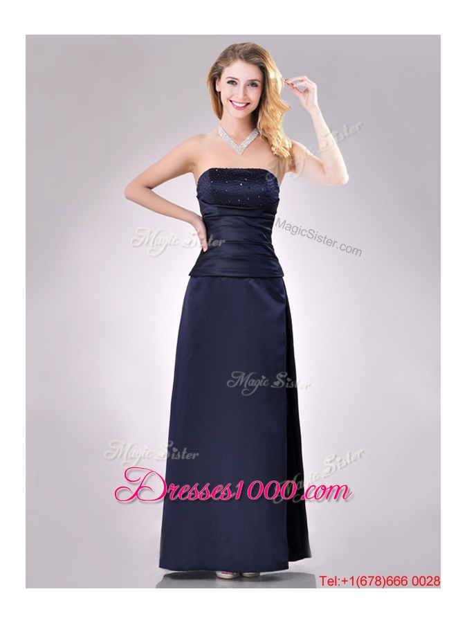Fashionable Strapless Beaded Bust Long Mother of Bride Dress in Navy Blue