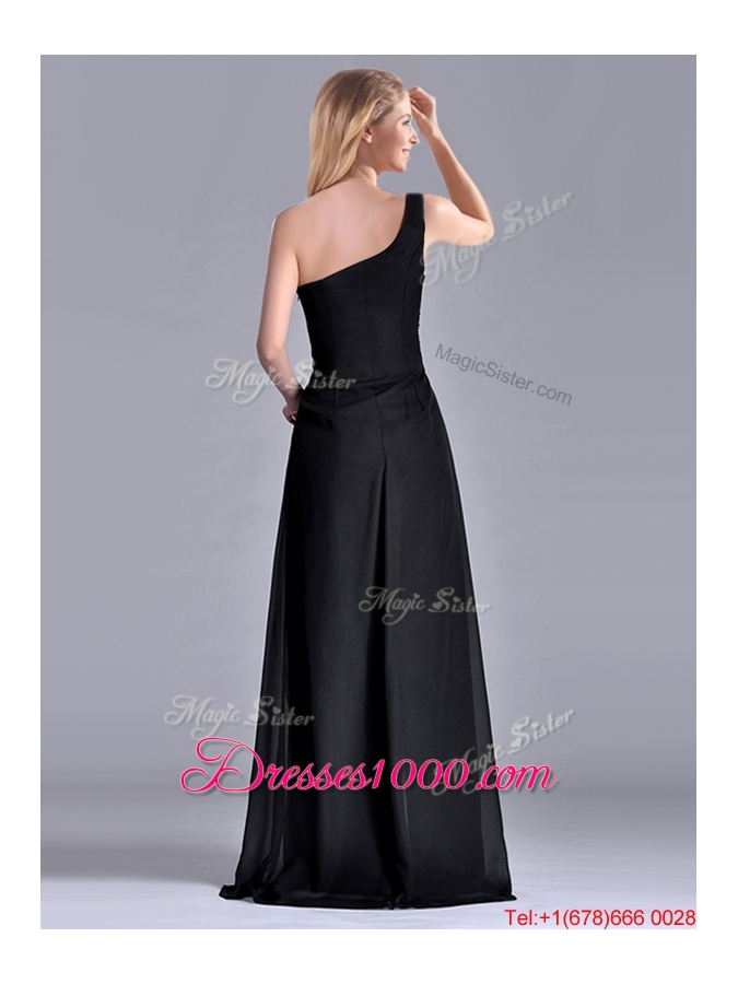 Gorgeous One Shoulder Black Mother of Bride Dress with Ruching and High Slit