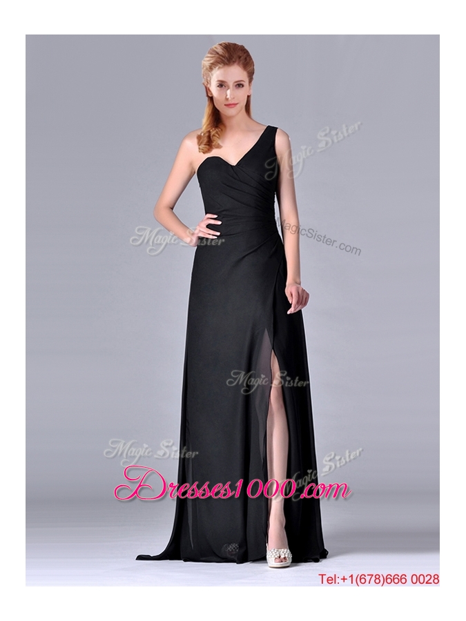 Gorgeous One Shoulder Black Mother of Bride Dress with Ruching and High Slit