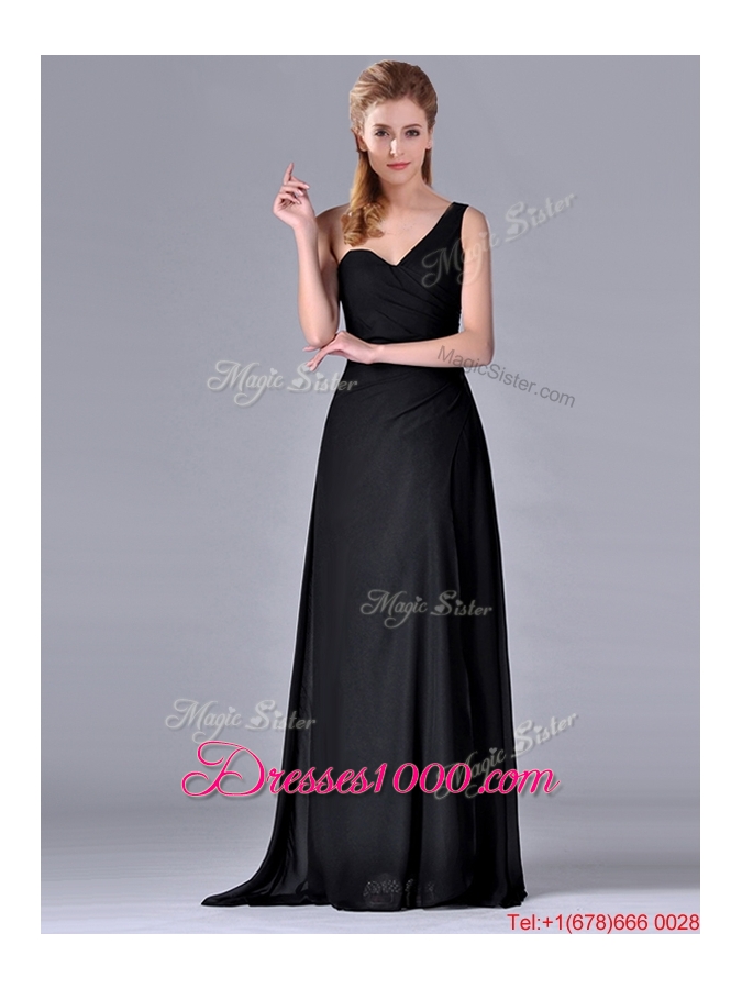 Gorgeous One Shoulder Black Mother of Bride Dress with Ruching and High Slit