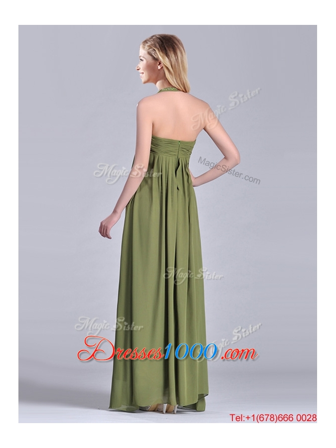 Latest Beaded Decorated Halter Top Mother of Bride Dress in Olive Green