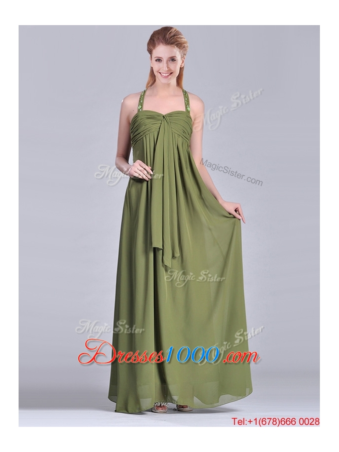 Latest Beaded Decorated Halter Top Mother of Bride Dress in Olive Green