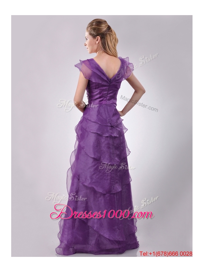 Low Price V Neck Eggplant Purple Mother of Bride Dress with Beading and Ruffles