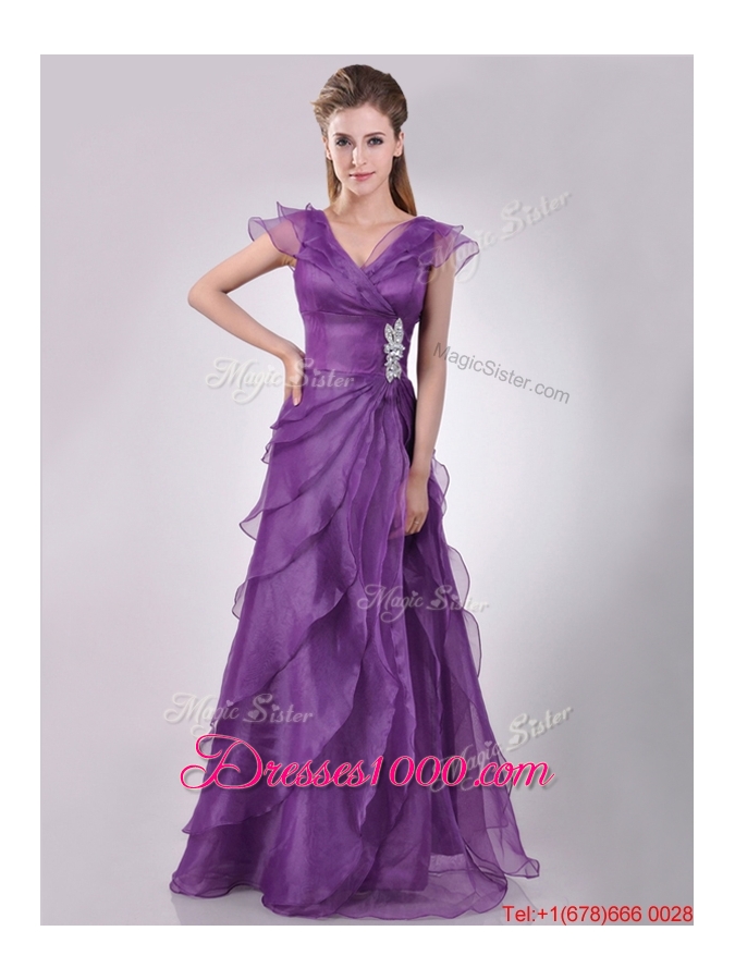 Low Price V Neck Eggplant Purple Mother of Bride Dress with Beading and Ruffles