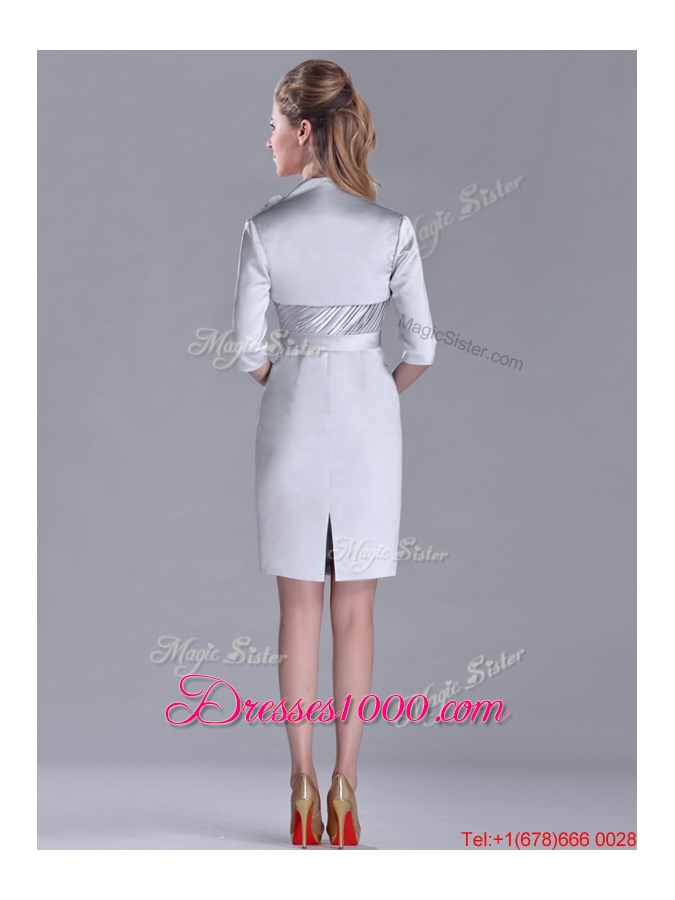 Popular Column Belted with Beading Silver Mother of Bride Dress with V Neck