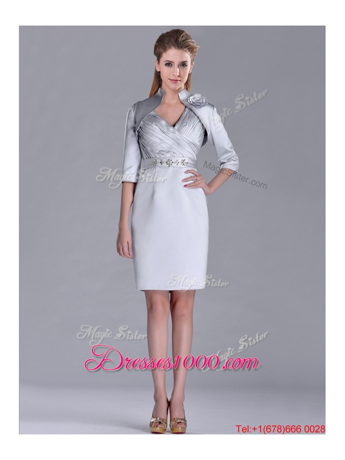 Popular Column Belted with Beading Silver Mother of Bride Dress with V Neck