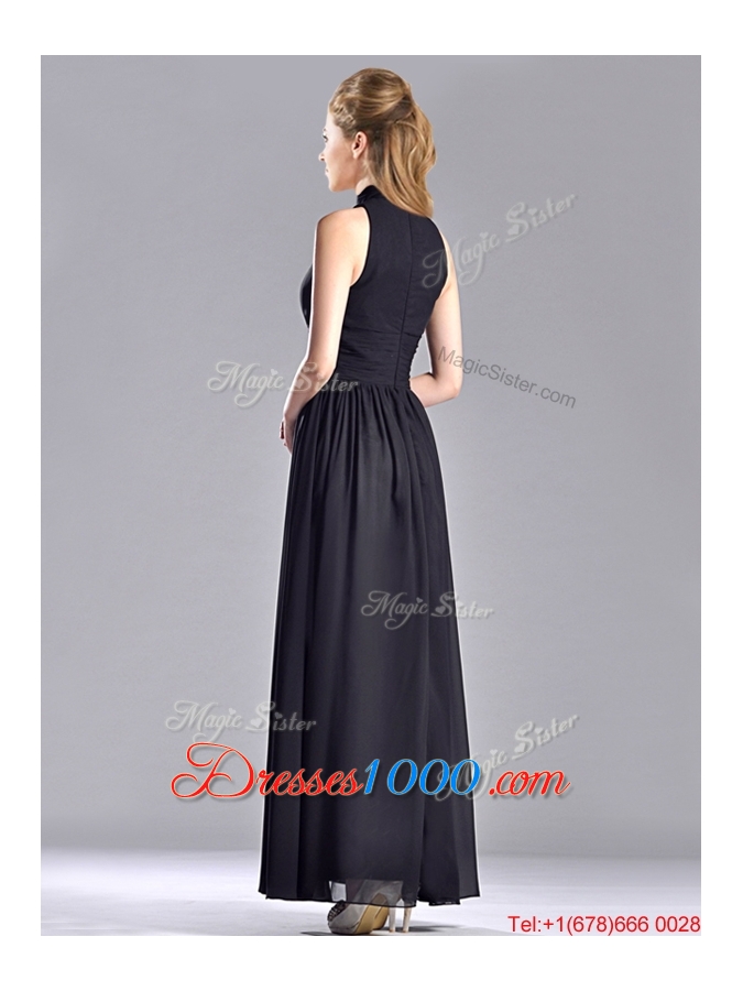Simple Empire Ankle Length Chiffon Black Mother of Bride Dress with High Neck