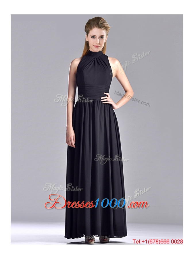 Simple Empire Ankle Length Chiffon Black Mother of Bride Dress with High Neck