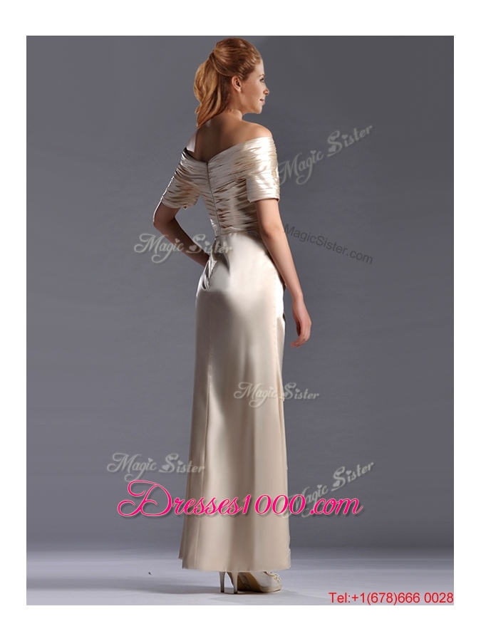 Column Off the Shoulder Ruching Mother of Bride Dress in Champagne