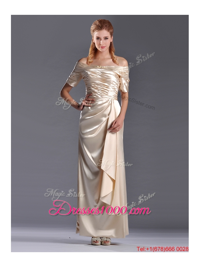 Column Off the Shoulder Ruching Mother of Bride Dress in Champagne