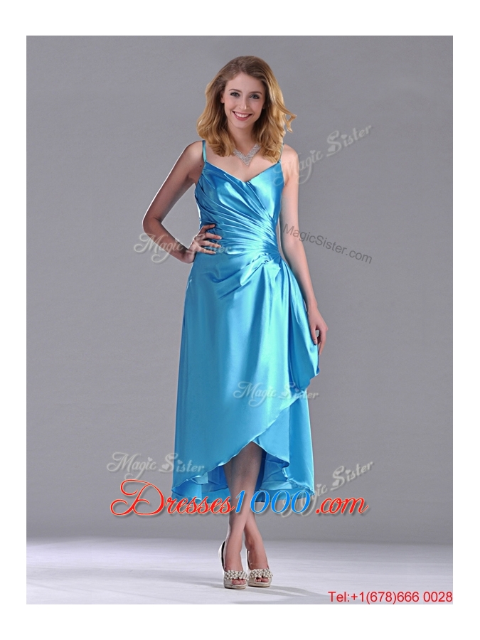 Classical Spaghetti Straps Baby Blue Dama Dress in Tea Length
