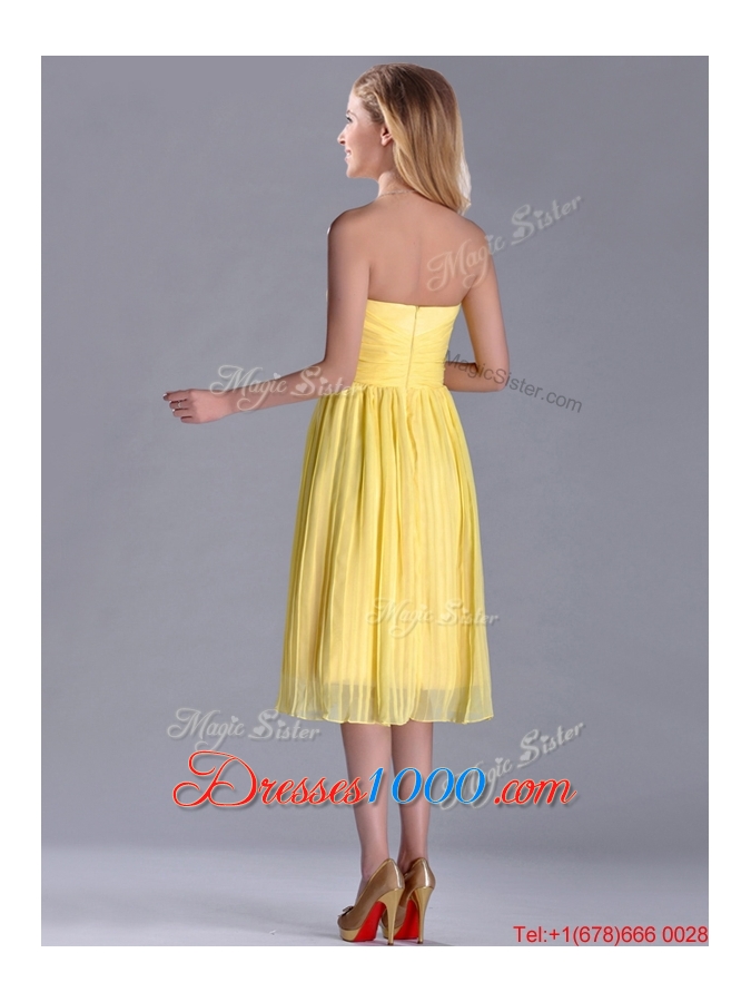 Discount Pleated Yellow Chiffon Prom Dress in Tea Length