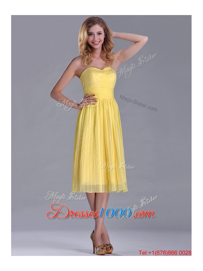 Discount Pleated Yellow Chiffon Prom Dress in Tea Length