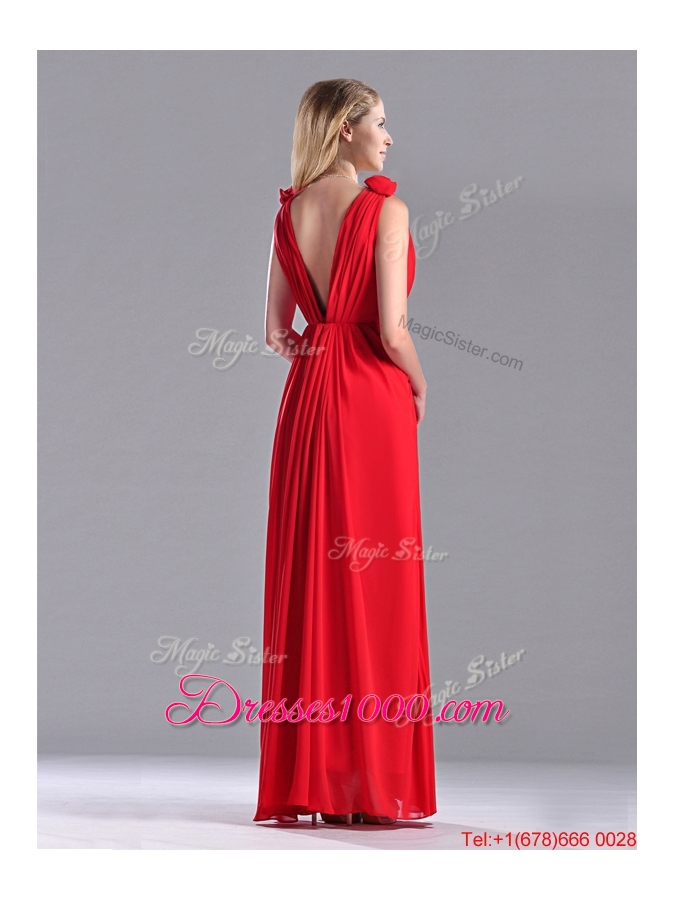 Elegant Deep V Neckline Red Dama Dress with Hand Crafted Flowers
