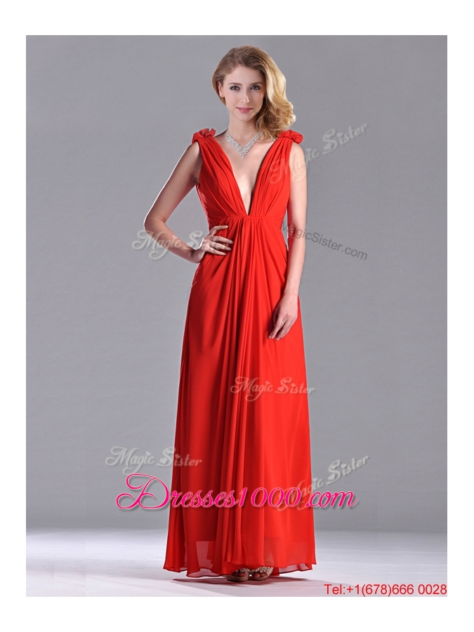 Elegant Deep V Neckline Red Dama Dress with Hand Crafted Flowers