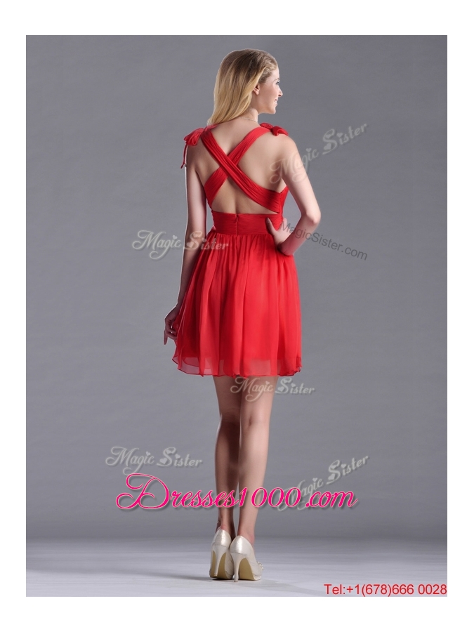 Exclusive V Neck Criss Cross Dama Dress with Ruching and Bowknot
