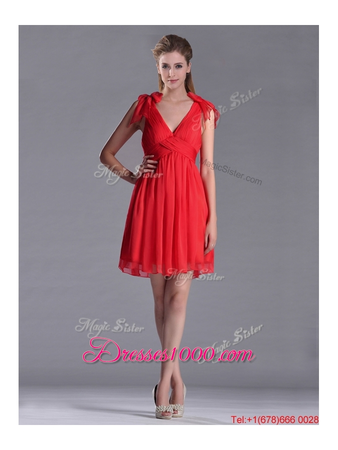 Exclusive V Neck Criss Cross Dama Dress with Ruching and Bowknot