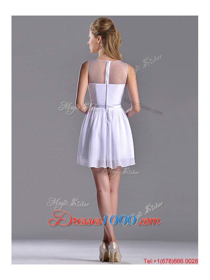 Fashionable See Through Scoop White Dama Dress with Ruching