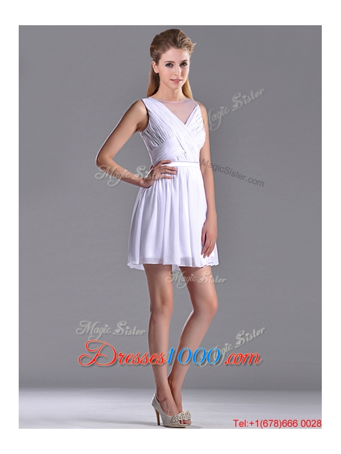 Fashionable See Through Scoop White Dama Dress with Ruching