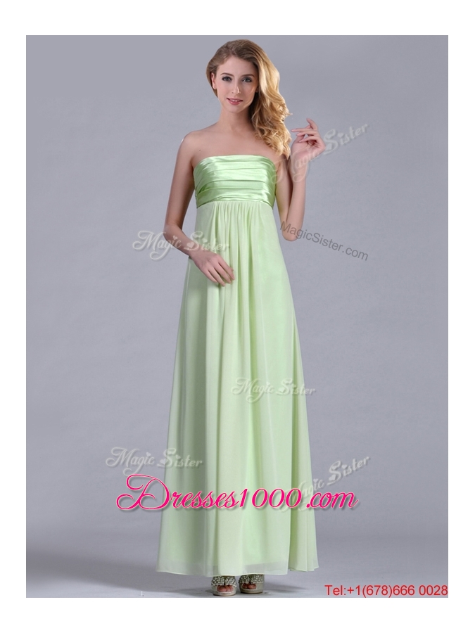 Latest Strapless Yellow Green Chiffon Dama Dress in Ankle Length