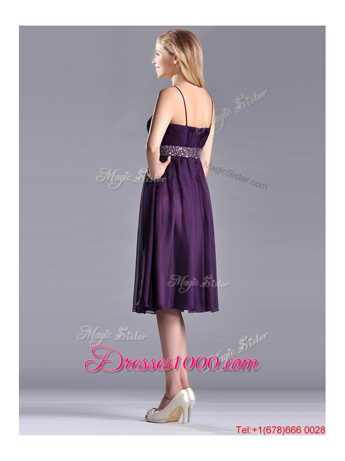 Modest Spaghetti Straps Beaded Chiffon Short Dama Dress in Purple