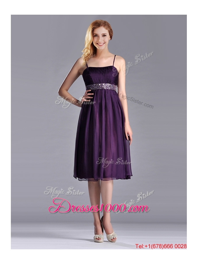 Modest Spaghetti Straps Beaded Chiffon Short Dama Dress in Purple
