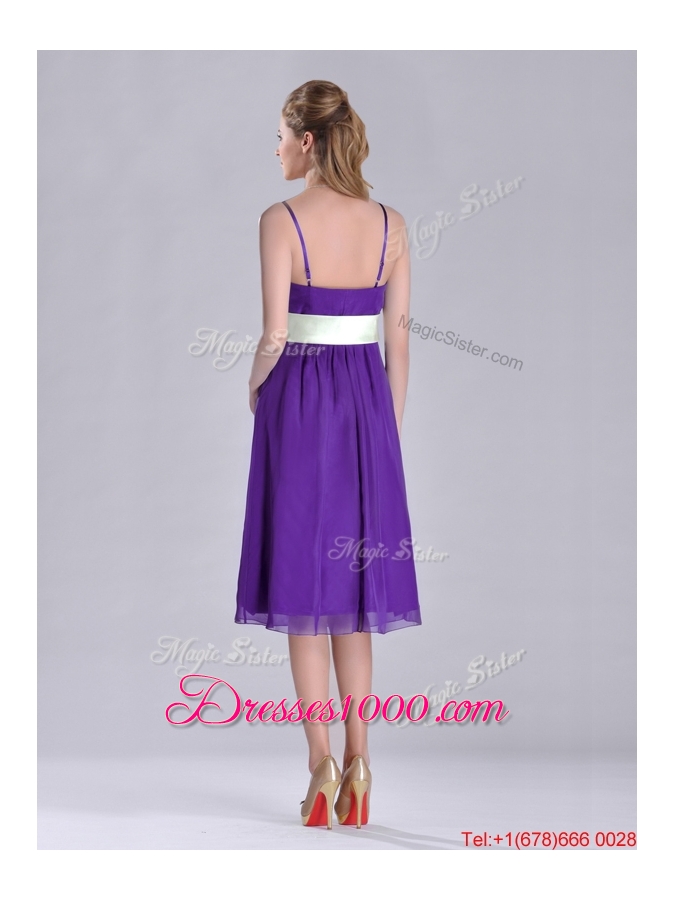 Romantic Spaghetti Straps Belted Eggplant Purple Dama Dress in Tea Length