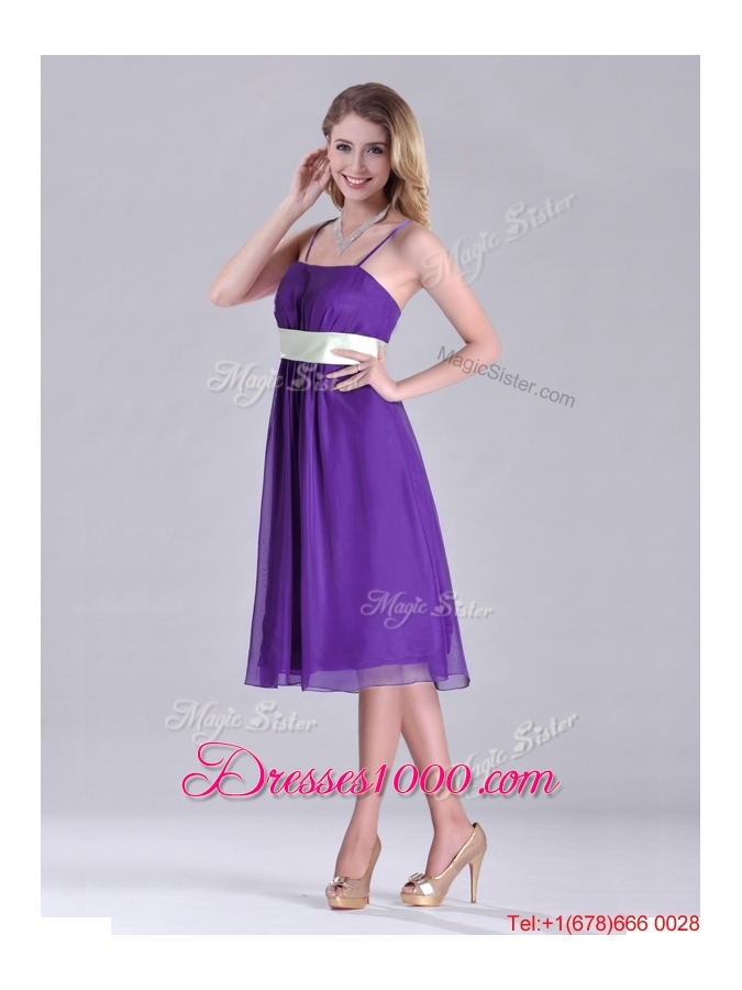 Romantic Spaghetti Straps Belted Eggplant Purple Dama Dress in Tea Length