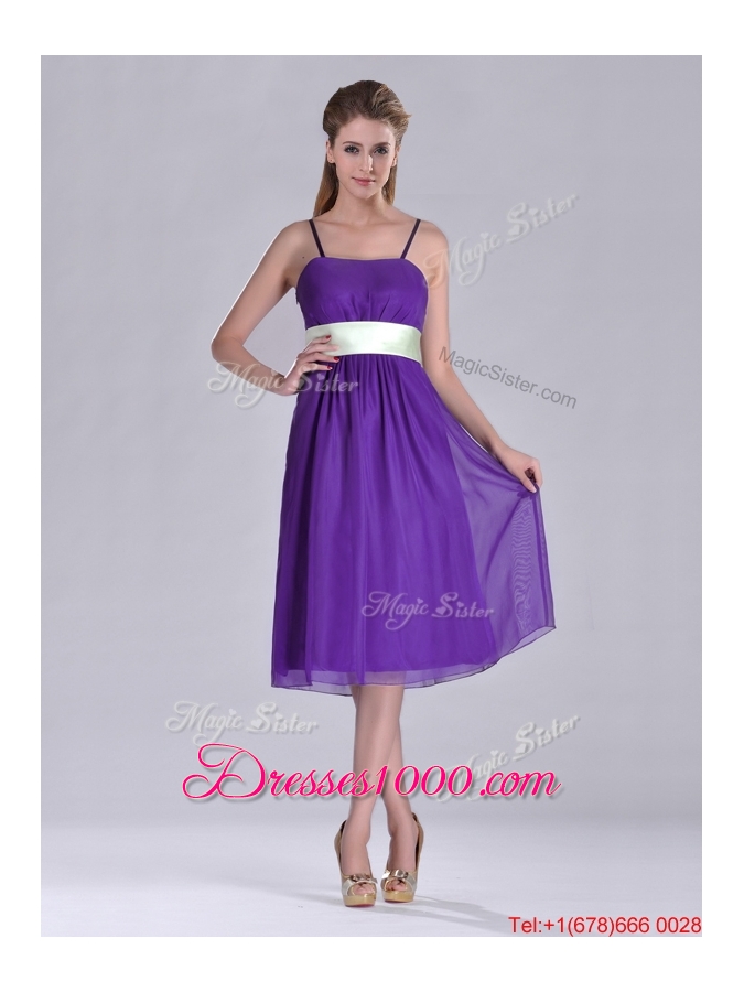 Romantic Spaghetti Straps Belted Eggplant Purple Dama Dress in Tea Length