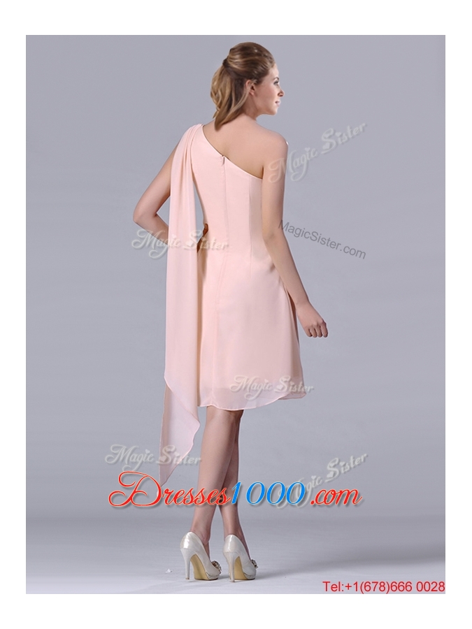 Cheap One Shoulder Chiffon Ruching Short Dama Dress in Pink