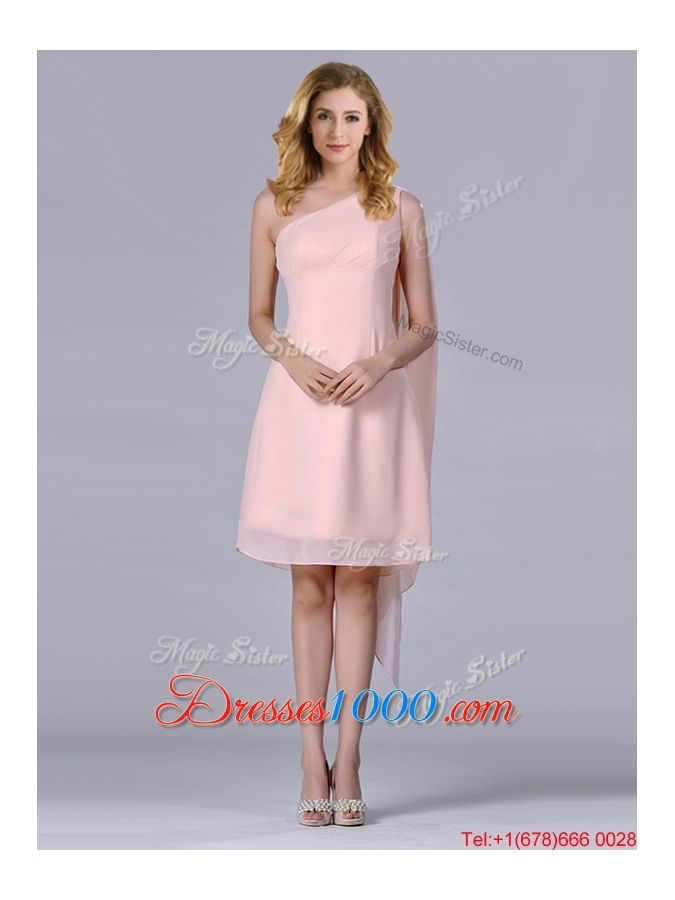 Cheap One Shoulder Chiffon Ruching Short Dama Dress in Pink