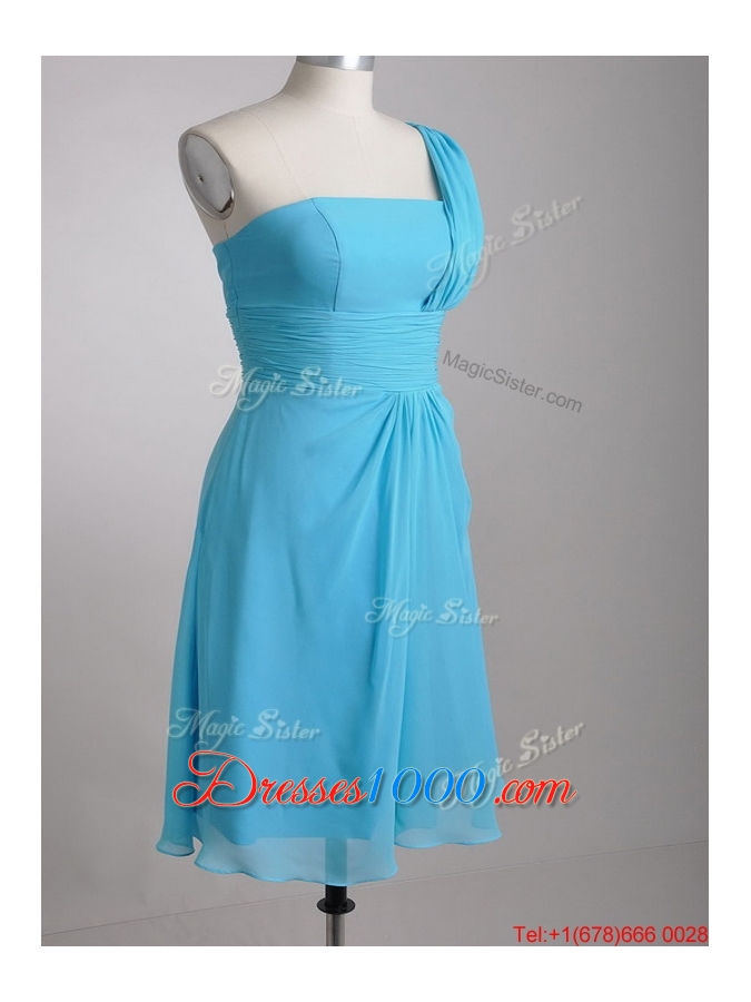 Elegant One Shoulder Ruched Chiffon Dama Dress in Aqua Blue