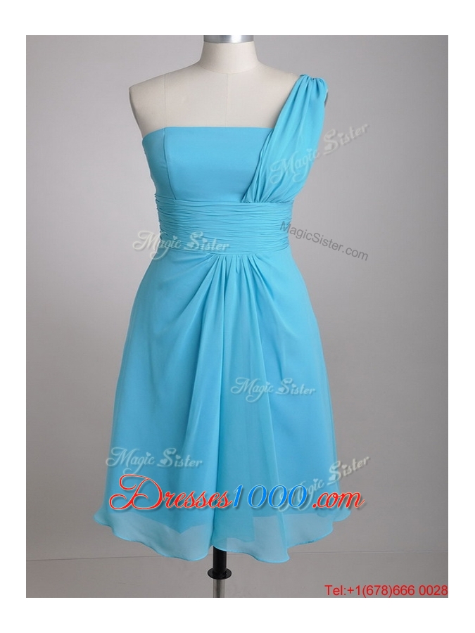 Elegant One Shoulder Ruched Chiffon Dama Dress in Aqua Blue