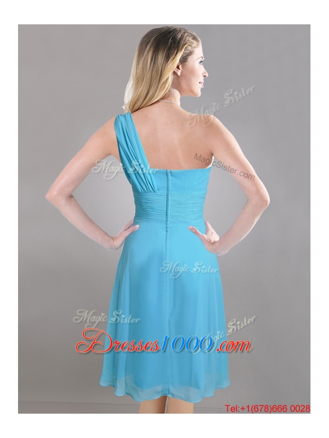 Elegant One Shoulder Ruched Chiffon Dama Dress in Aqua Blue