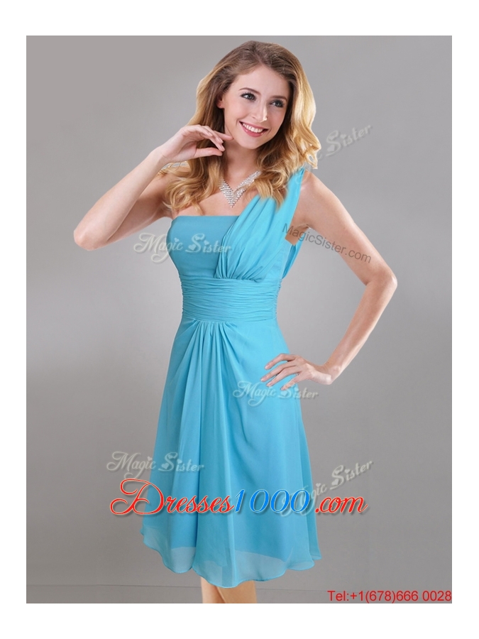 Elegant One Shoulder Ruched Chiffon Dama Dress in Aqua Blue