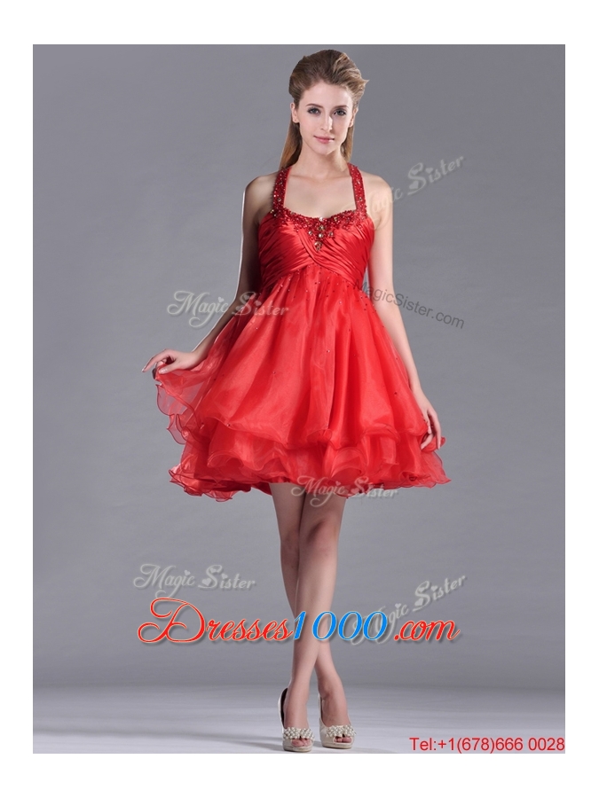 Modern Beaded Decorated Top and Halter Top Prom Dress in Organza