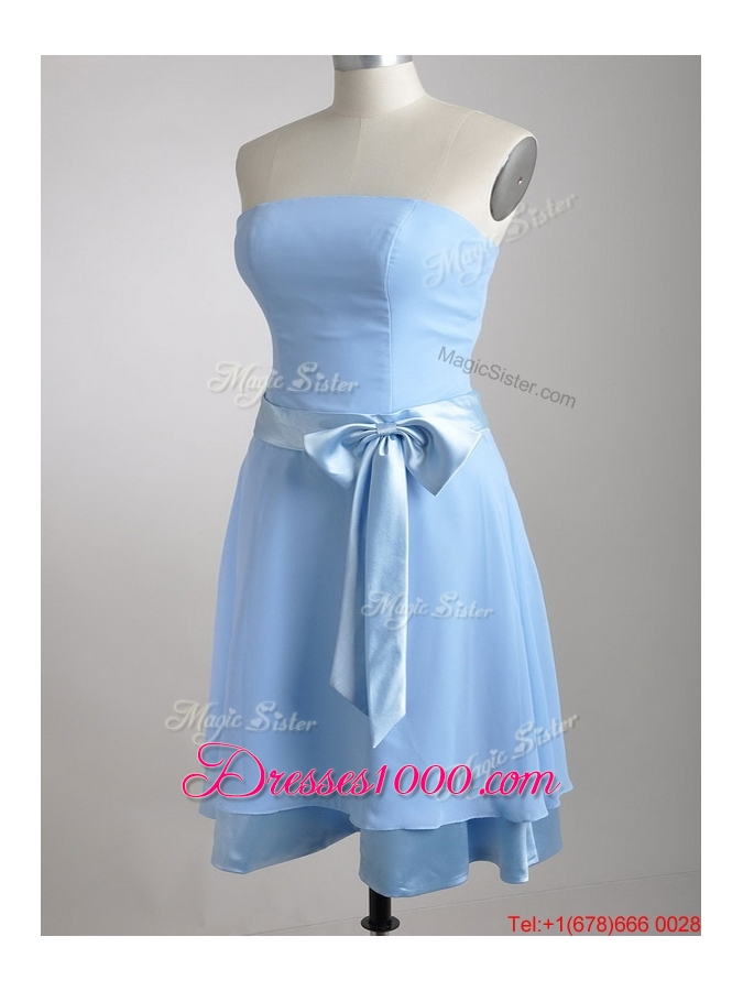 New Style Bowknot Chiffon Short Dama Dress in Light Blue