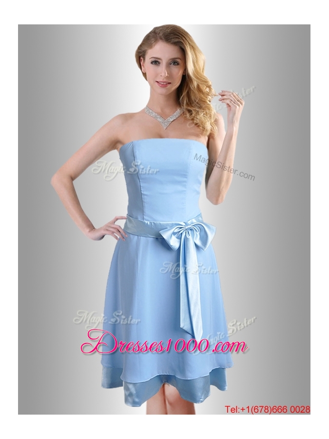 New Style Bowknot Chiffon Short Dama Dress in Light Blue