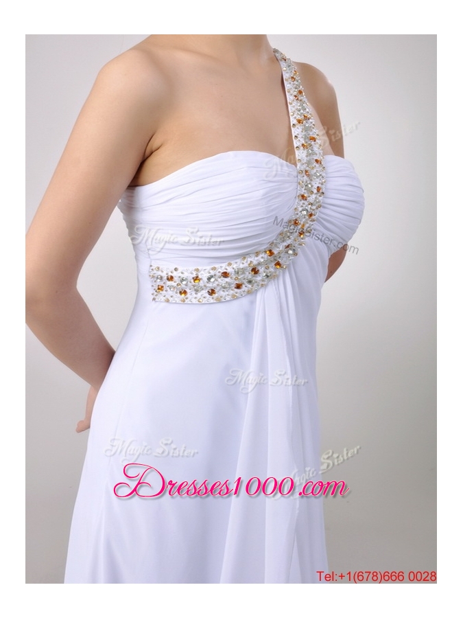 Sexy Empire Chiffon Beaded Side Zipper White Dama Dress with One Shoulder