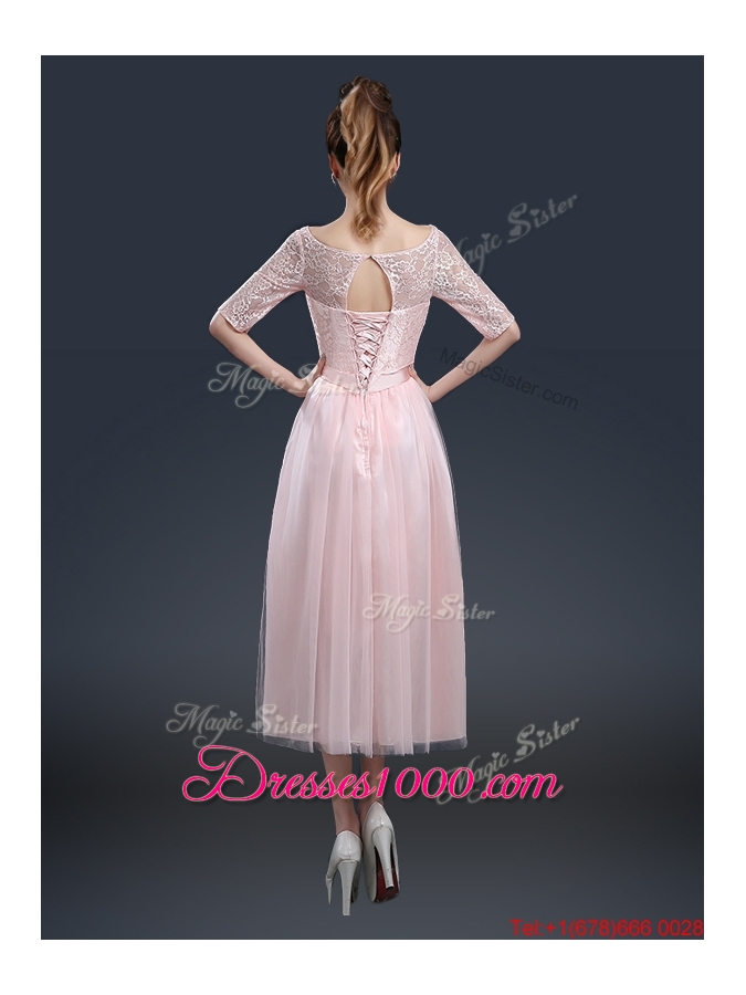 2016 Elegant Tea Length Prom Dresses with Lace and Bowknot