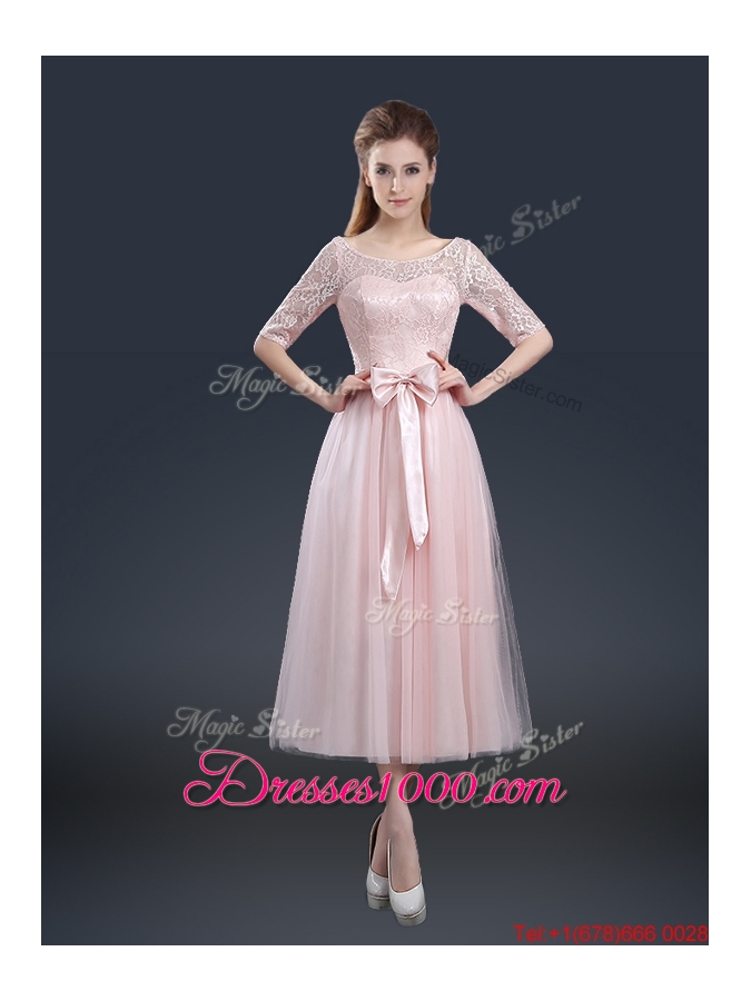 2016 Elegant Tea Length Prom Dresses with Lace and Bowknot