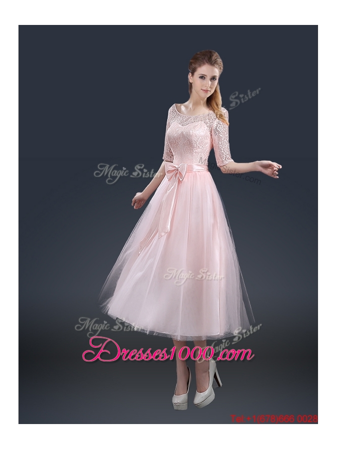 2016 Elegant Tea Length Prom Dresses with Lace and Bowknot